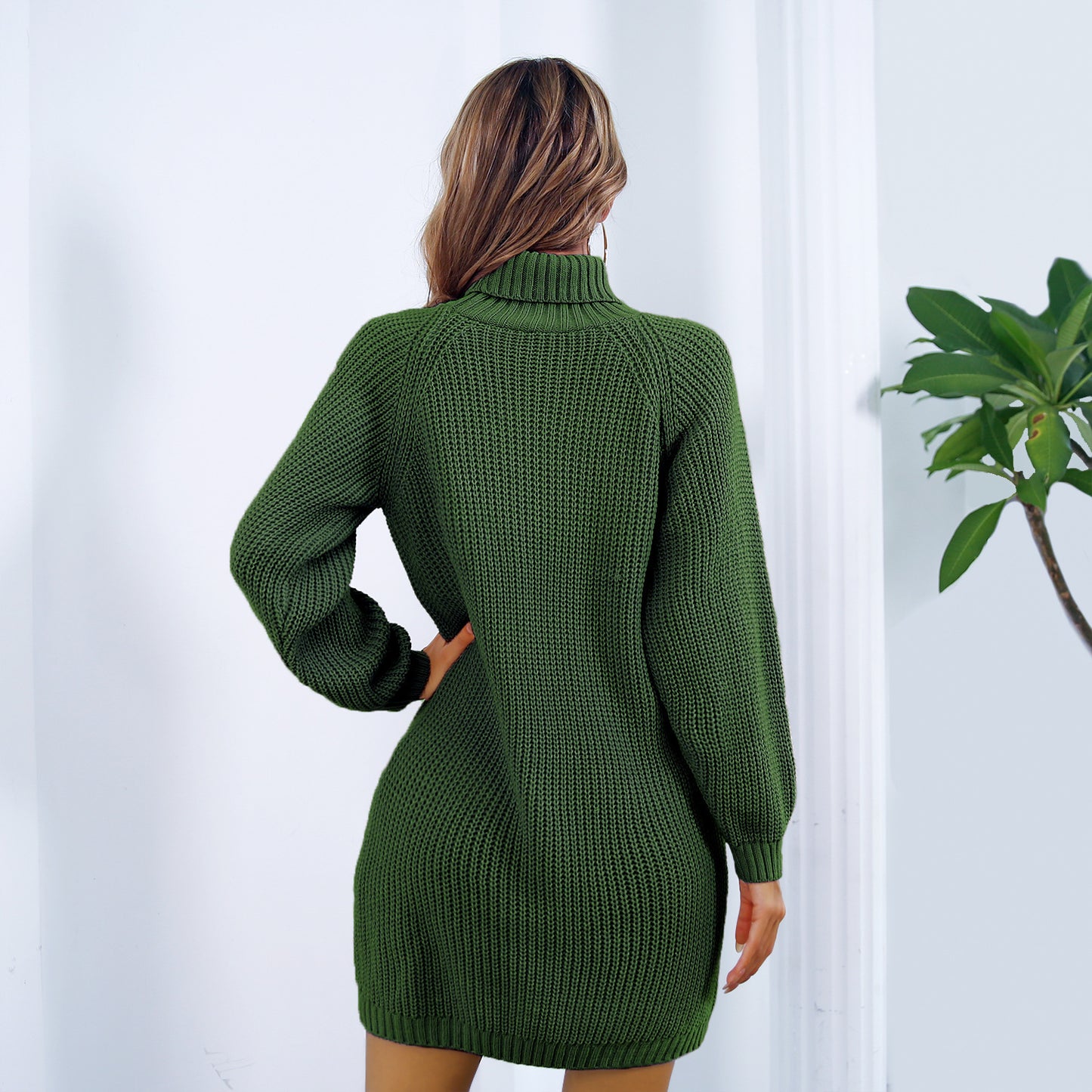 Vestido ,suéter largo de cuello alto de invierno con diseño de botones